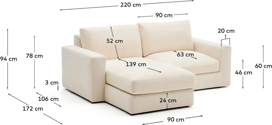 Bézs zsenília sarokkanapé (bal oldali-heverő résszel) Alea – Kave Home