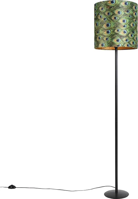 Fekete állólámpa bársony árnyékolóval, páva arany 40 cm - Simplo