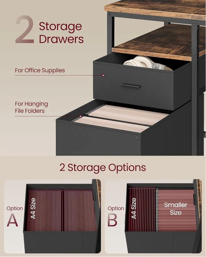 Számítógépasztal, Munkaasztal Tárolóval, 3 Polc, 2 Fiók, 60 x 160 x 76 cm, rusztikus barna