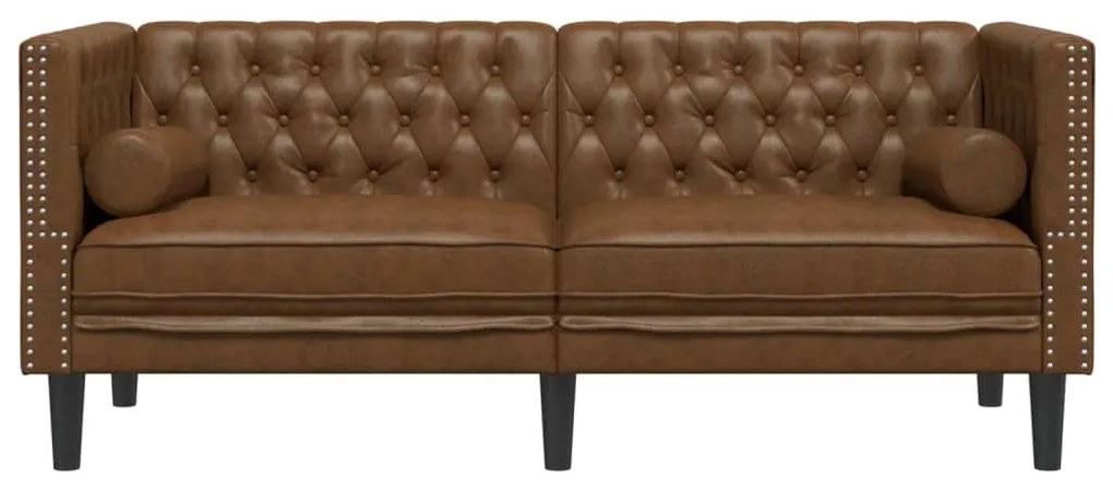 2 személyes barna műbőr Chesterfield kanapé hengerpárnákkal