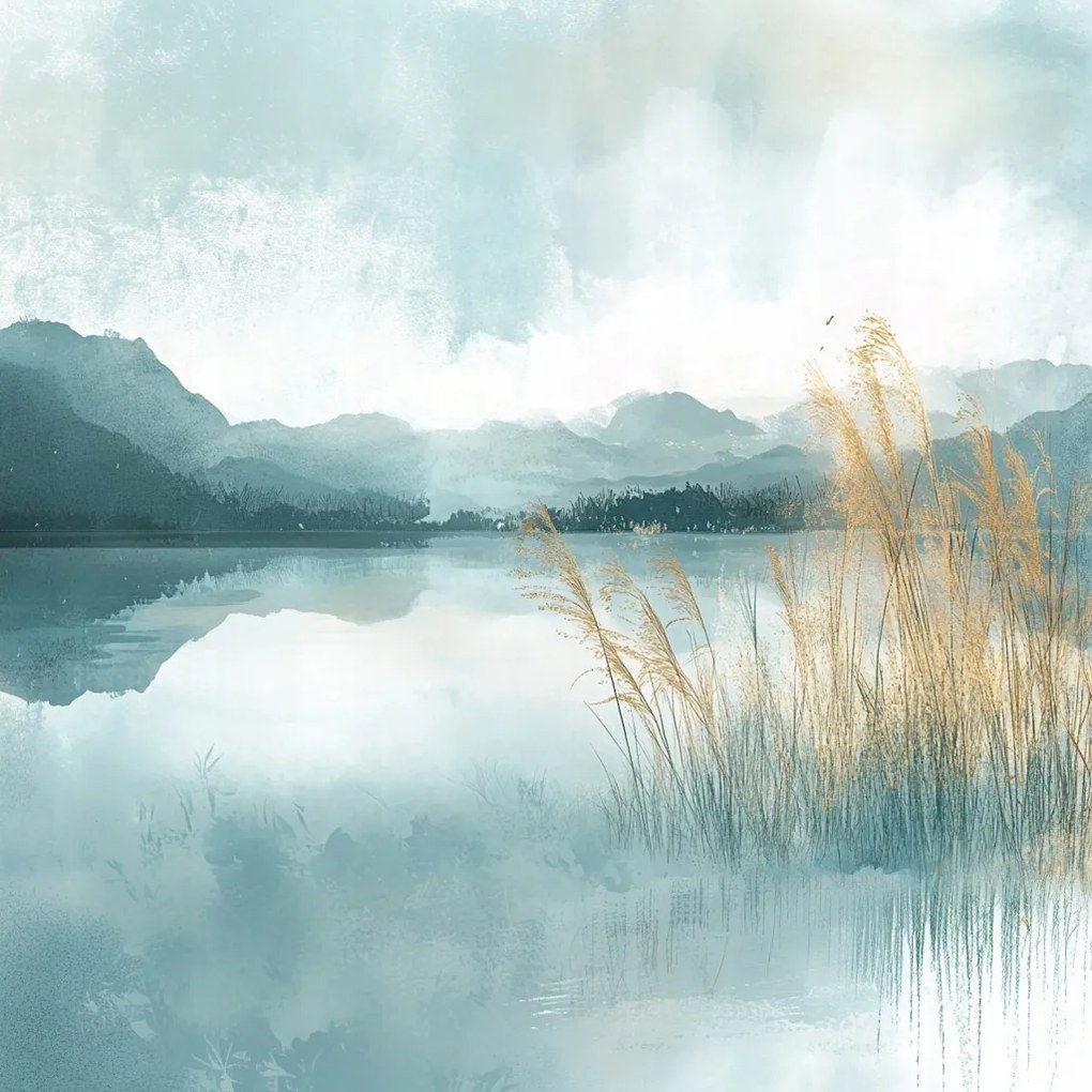 Vászonkép Canvas Tájkép Hegyek Tó Nád Köd 80x80