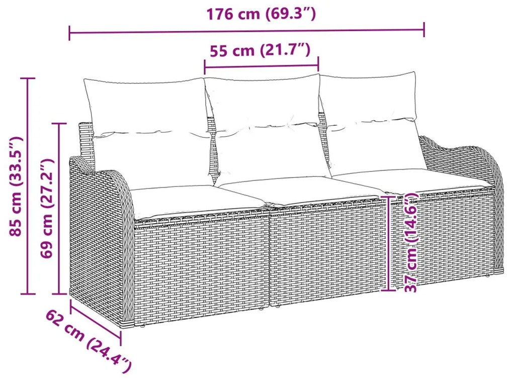 3 részes kerti kanapészett párnákkal szürke poli rattan, 2 személyes kerti kanapé tárolóval és párnákkal szürke poli rattan