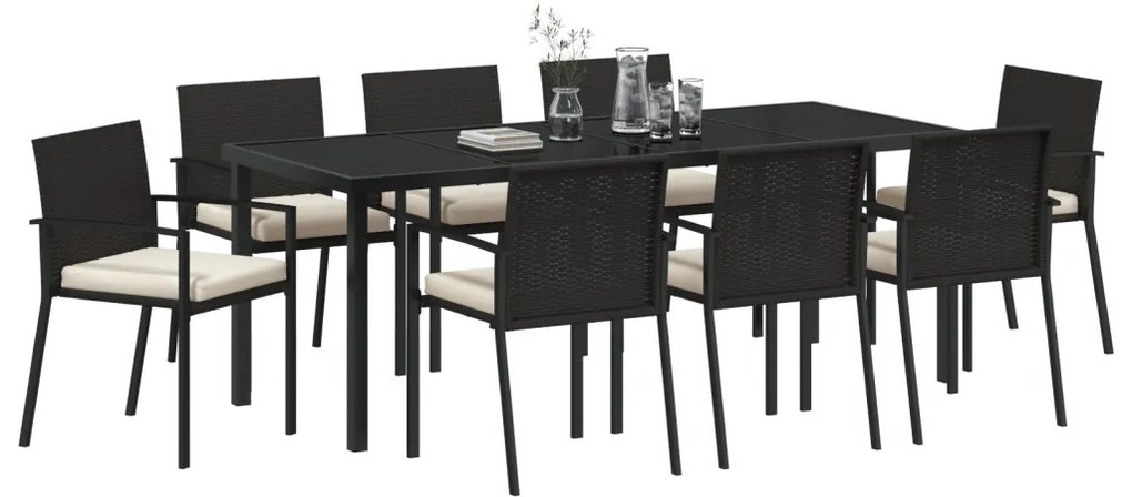 9 darabos Kerti Étkezőszett Fekete Műrattan