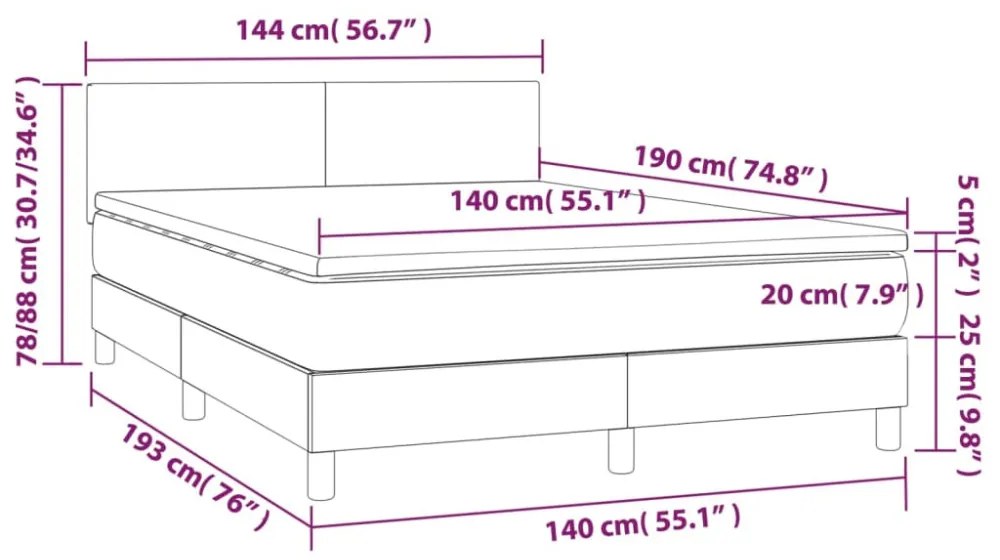 világosszürke bársony rugós és LED-es ágy matraccal 140x190 cm