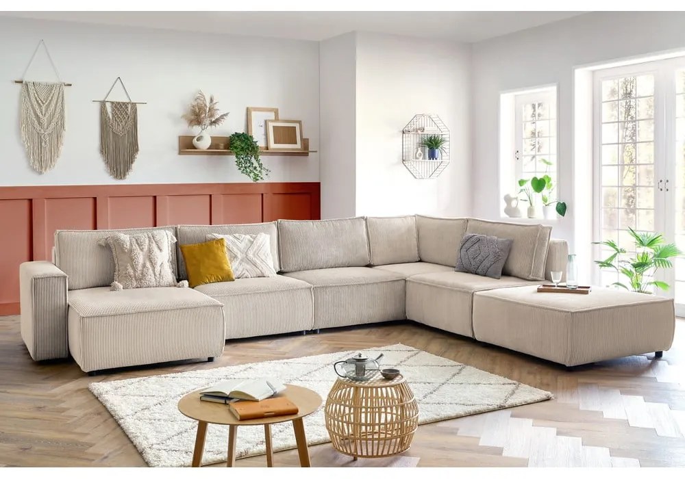 Krémszínű kordbársony sarokkanapé (jobb oldali-"U" alakú) Nihad modular – Bobochic Paris