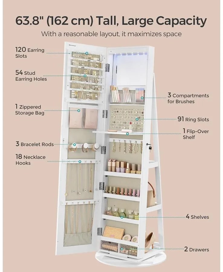 SONGMICS ékszerszekrény, tükrös szekrény 360°-ban forgatható, fehér felülettel és greige