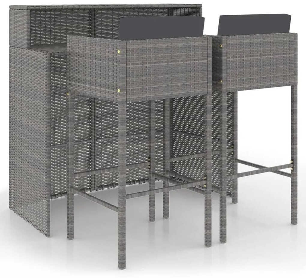 3 részes szürke polyrattan kerti bárszett párnákkal