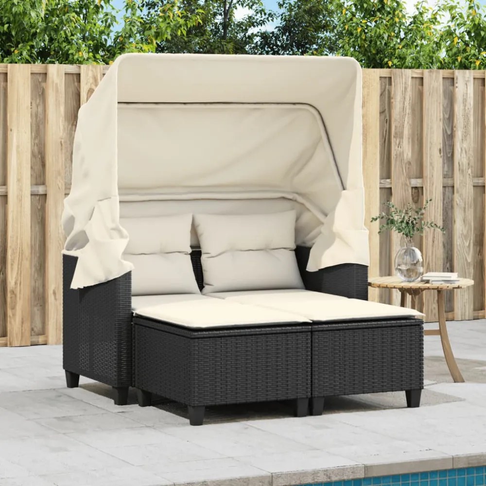 vidaXL 2 személyes fekete polyrattan kerti kanapé baldachinnal/székkel