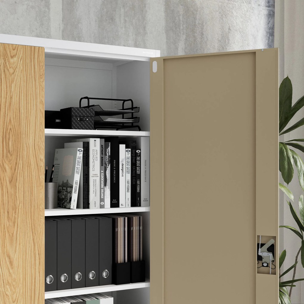 Fém irodai iratszekrény, széles, fehér/arany tölgy, 1150x1850x400 mm: JAN II Eco Design