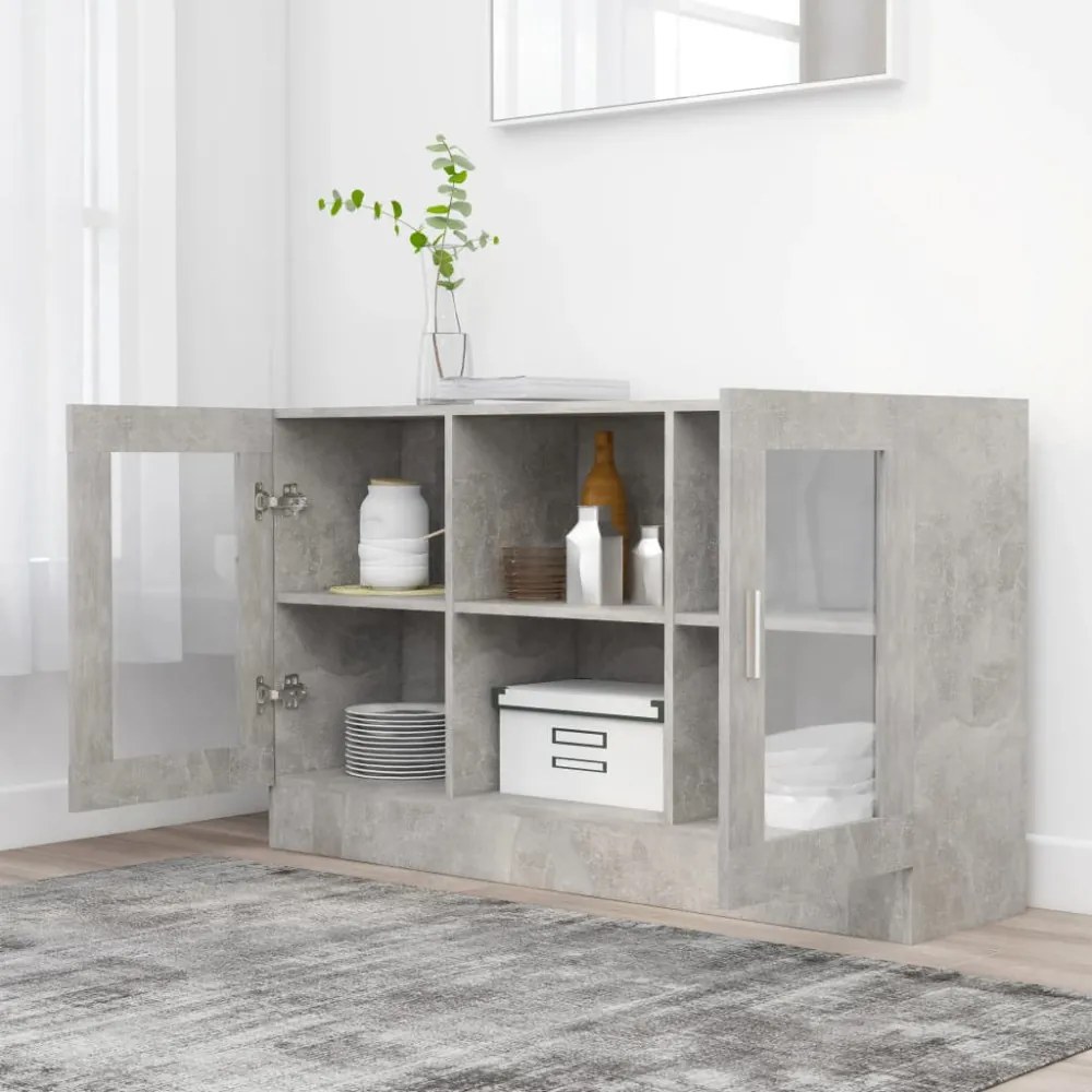 betonszürke szerelt fa vitrinszekrény 120 x 30,5 x 70 cm