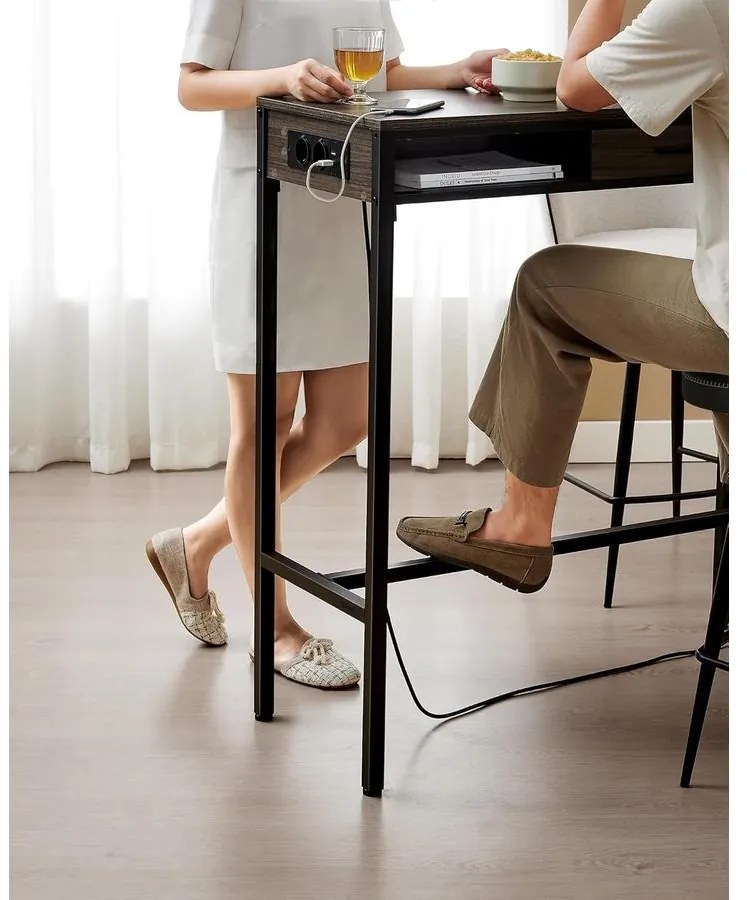 Bárasztal, magas konzolasztal töltőállomással és szövet fiókkal, barna