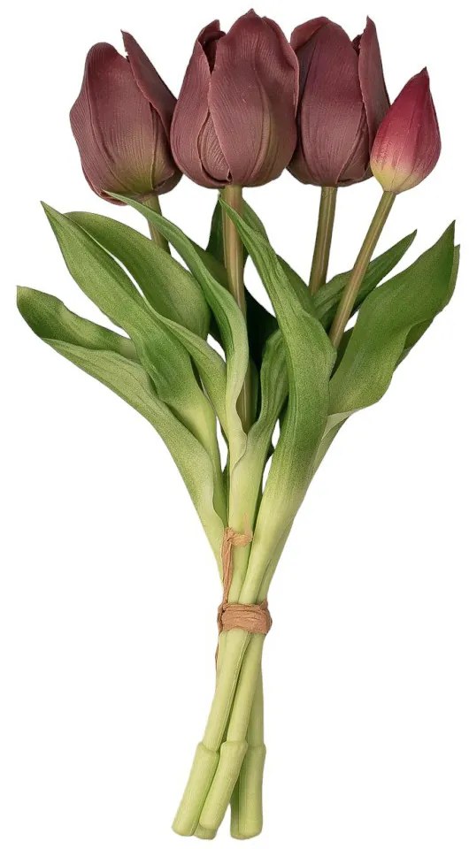 Real touch gumi tulipán, 5 szálas köteg, 30cm magas - Bordó