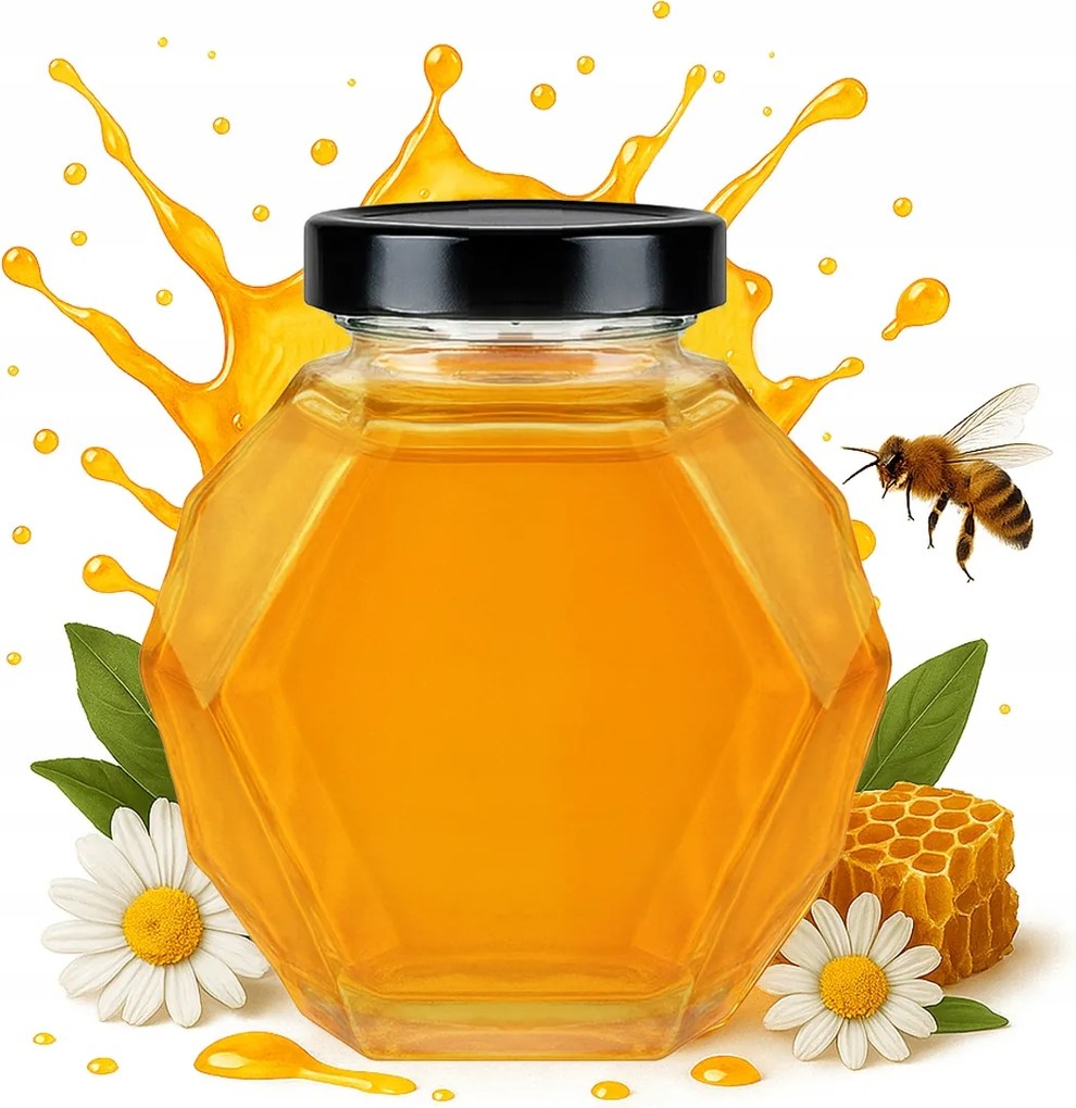 Üveg Tároló Gucio 380ml mézkészítményekhez Lekvár Hexagon Üvegtartályok