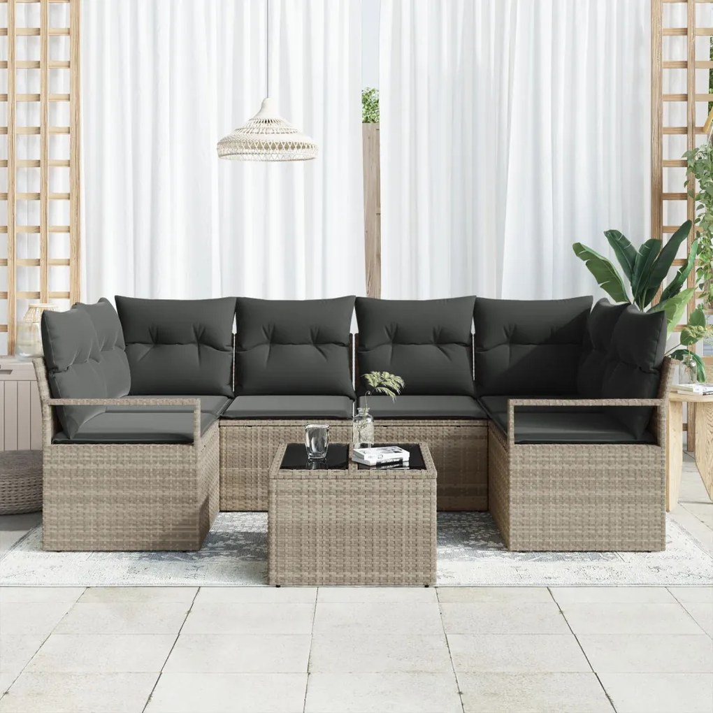 7 részes kerti kanapészett párnákkal világosszürke poli rattan, 2 üléses kerti kanapé párnákkal szürke poli rattan