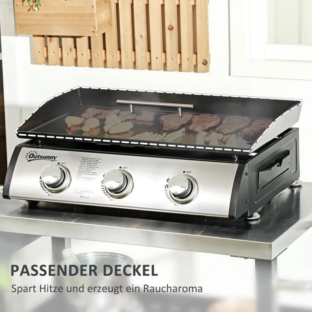 Outsunny gázgrill fedővel, 3 égővel, zsírfelfogó tálca, tapadásmentes felület, fekete/ezüst