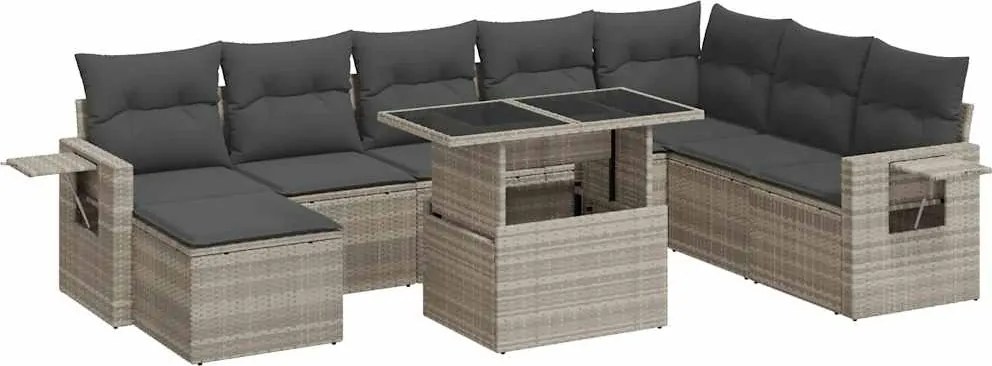 vidaXL 9 részes világosszürke polyrattan kerti ülőgarnitúra párnával