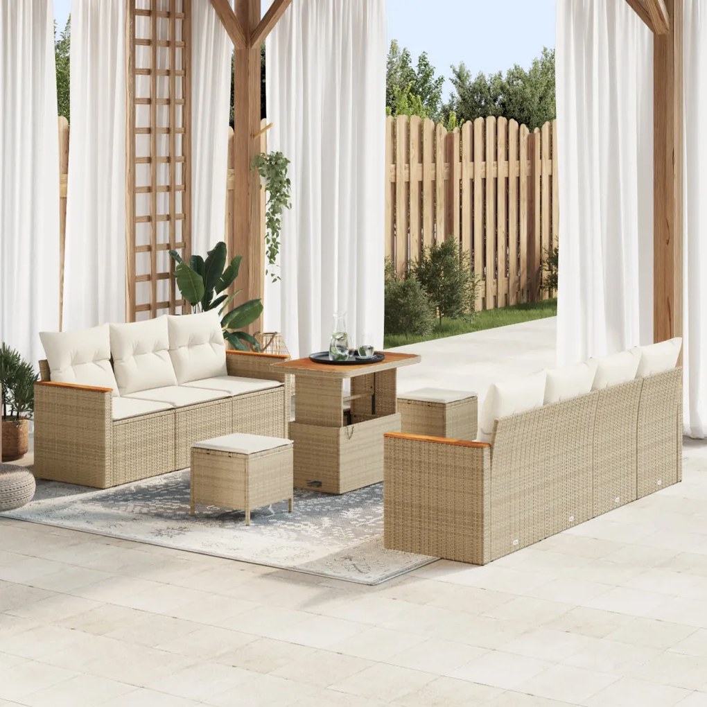 10 Darabos Kert Sofa Szett Párnákkal Bézs Poli Rattan Akáciával