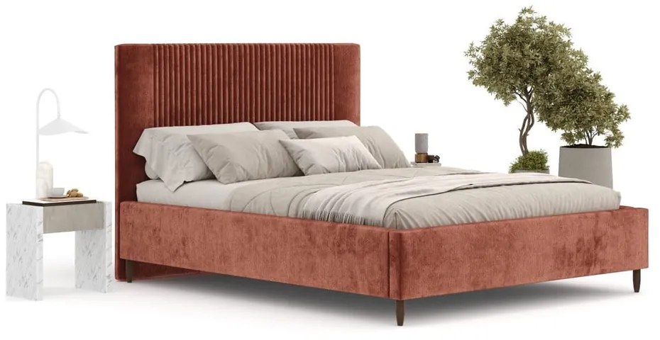 Téglavörös kárpitozott ágyneműtartós franciaágy ágyráccsal 160x200 cm Etero – Maison de Rêve