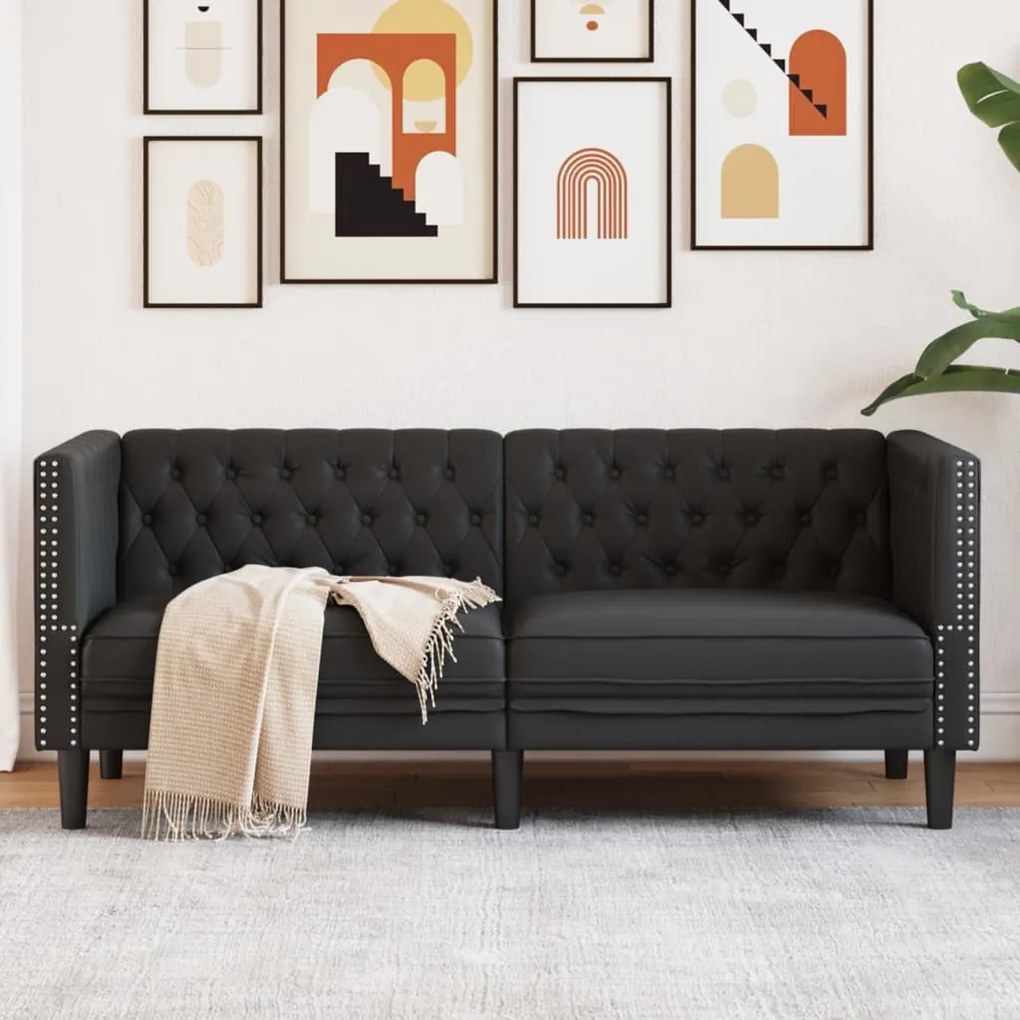 2 személyes fekete műbőr Chesterfield kanapé