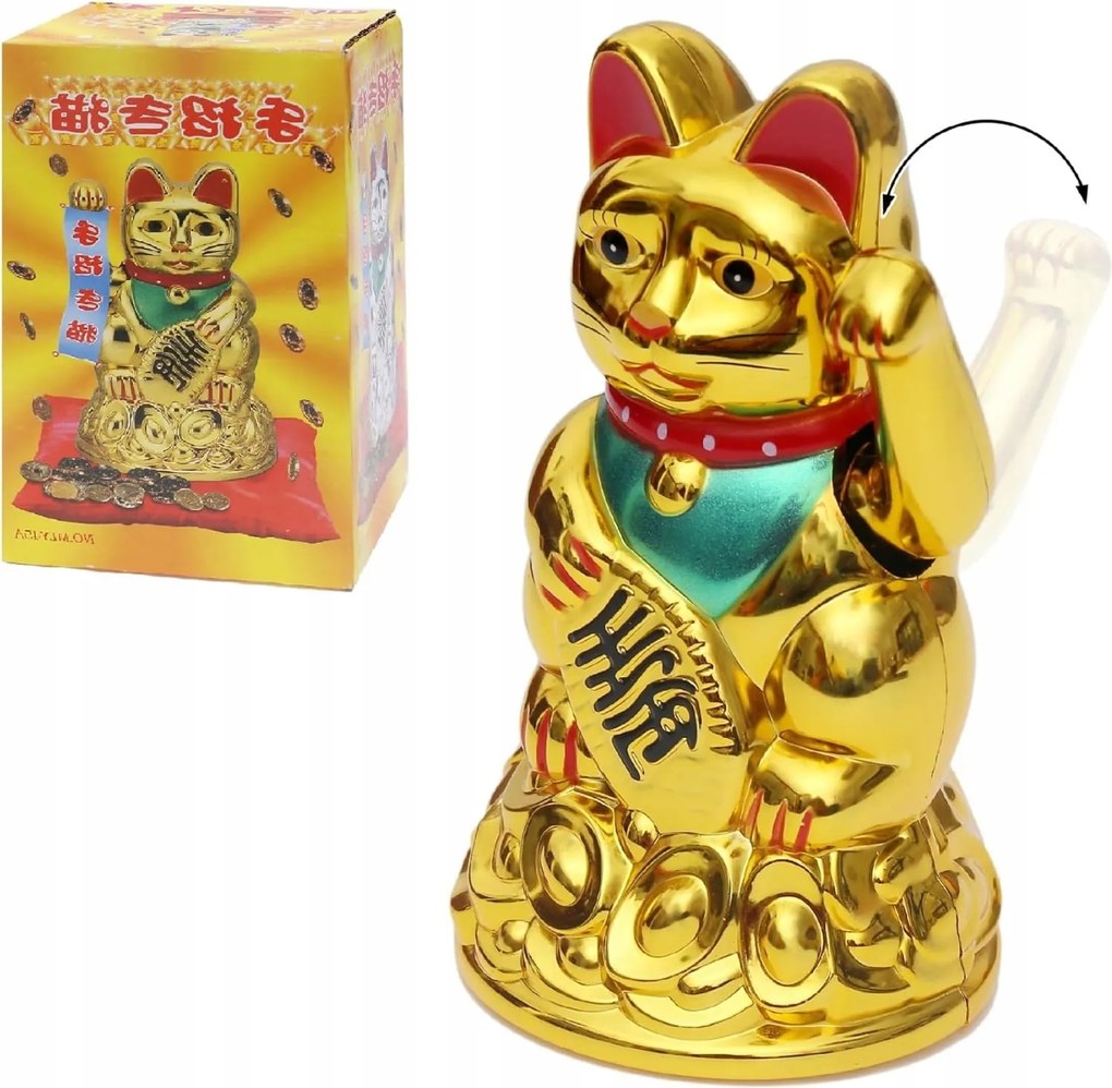 Maneki Neko integető szerencsemacska arany asztali figura 11 cm