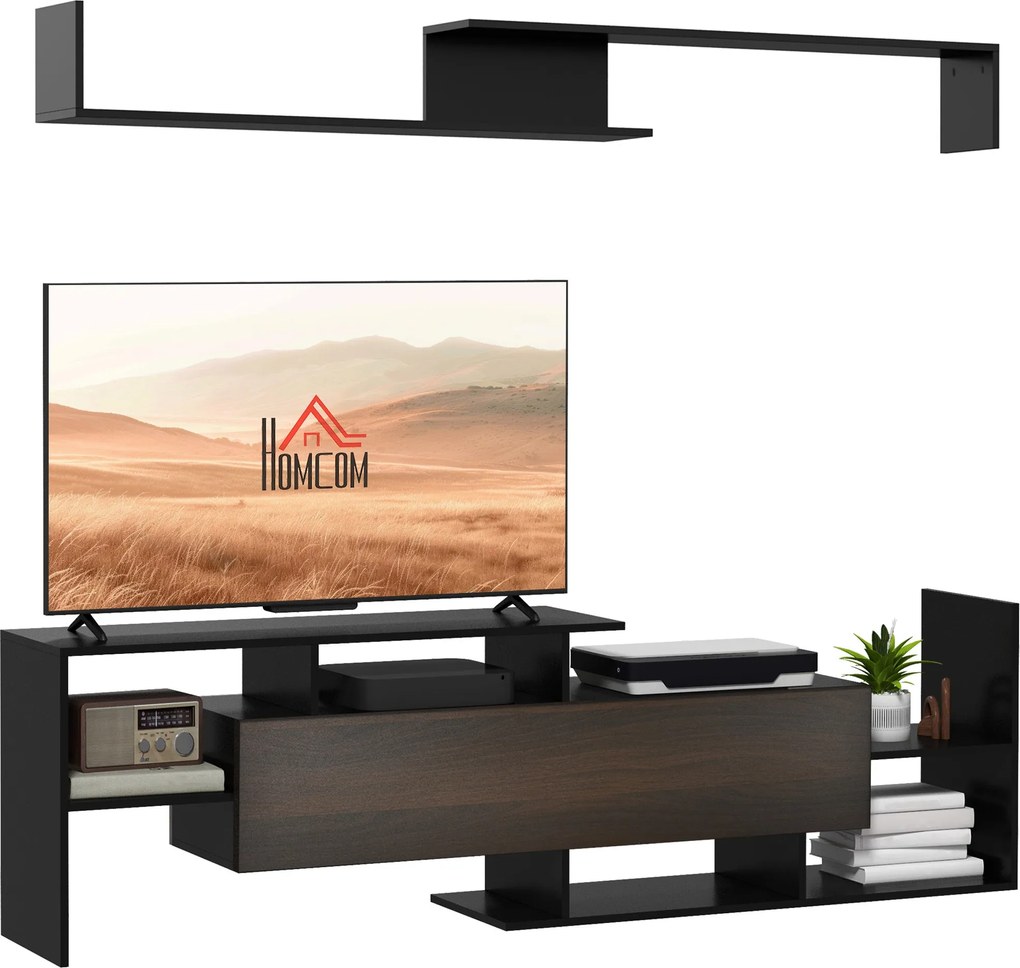 HOMCOM Modern Nappali Bútor Készlet TV Állványok 65"-os vagy 40"-es TV-khez, TV Állvány 153.6x25x42 cm és Fali Polc 150x14.5x16.3 cm Fekete és Barna |