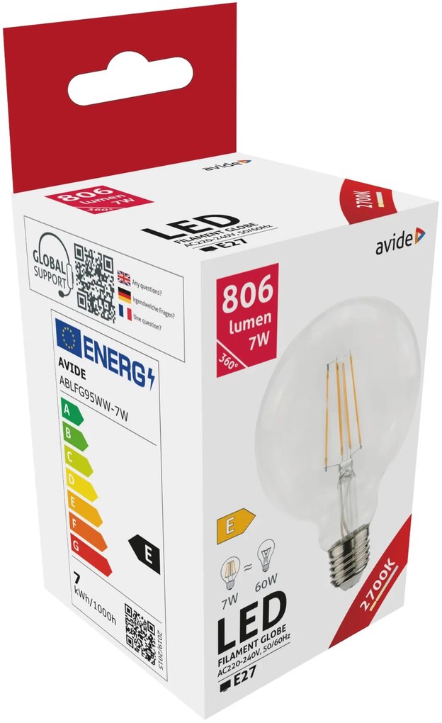 Avide LED Filament Globe G95 7W E27 WW 2700K