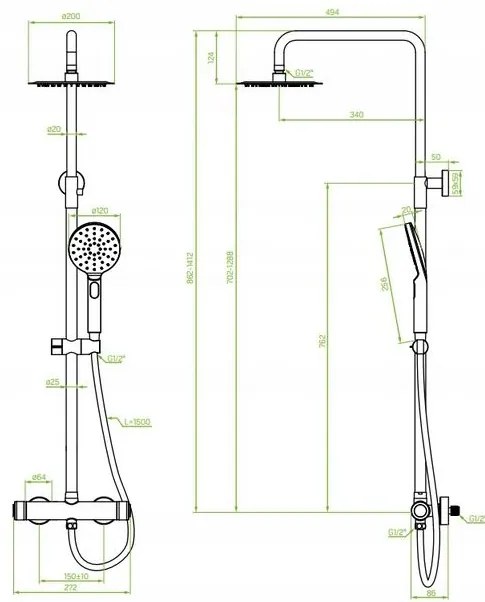 Laveo Volumo, zuhanygarnitúra termosztatikus csapteleppel 150mm, matt fekete, LAV-PLV_70OB