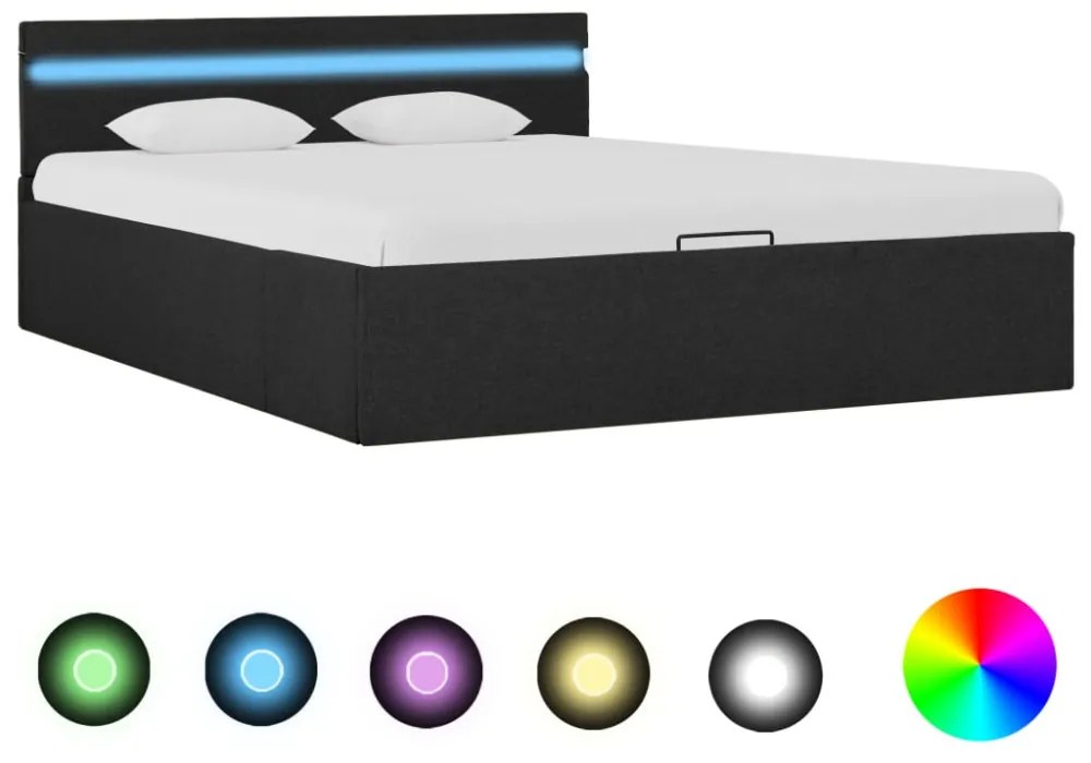 sötétszürke LED-es szövetágy hidraulikus tárolóval 140 x 200 cm