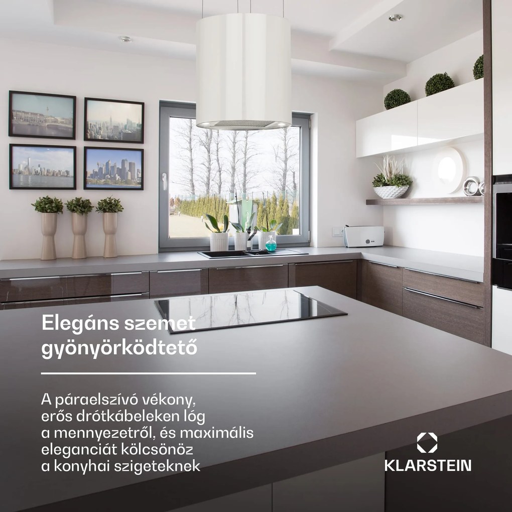 Klarstein Barett, sziget páraelszívó, Ø 35 cm, légkeringetés, 560 m³/ó, LED, aktívszén szűrő, fehér