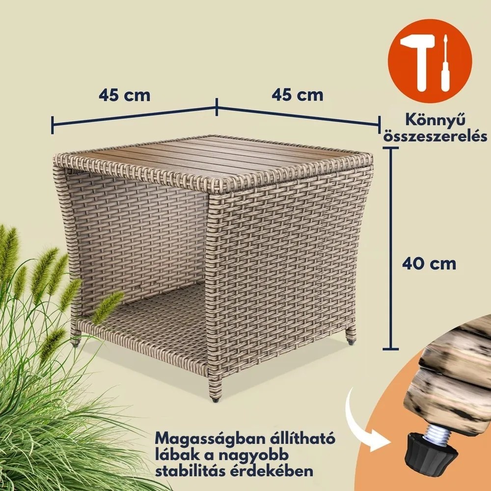 ROCCO polyrattan oldalasztal akácfával, 40x45x45cm, krémszínű Casaria