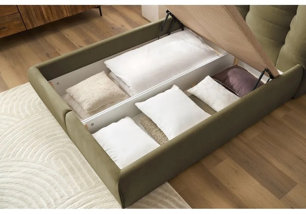 Sötétzöld kárpitozott franciaágy tárolóhellyel, ágyráccsal 160x200 cm Clothilde – Bobochic Paris