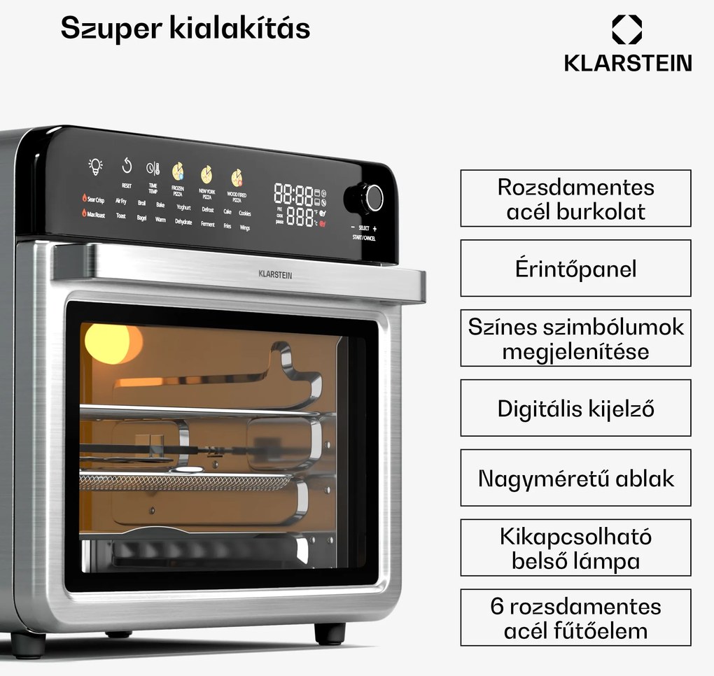 Klarstein AirGlaze Digital forrólevegős fritőz, 2200 W, 19 program, mosogatógépben mosható tartozékokkal együtt