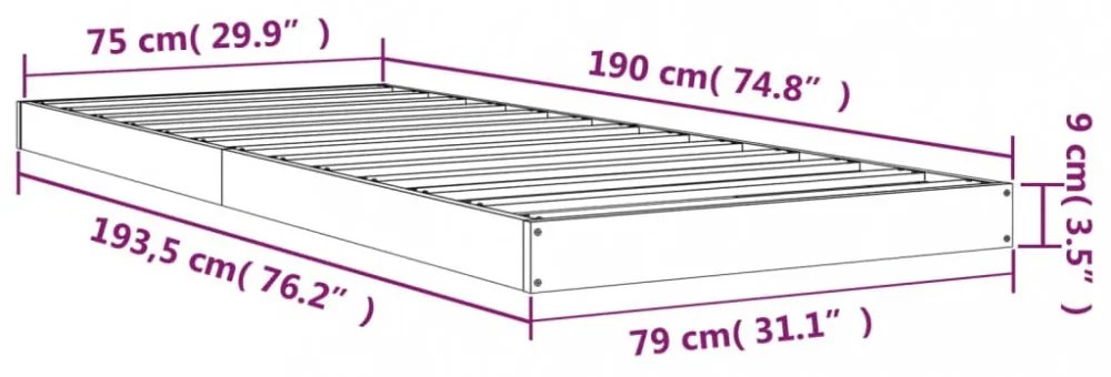 fekete egyszemélyes tömör fenyőfa ágykeret 75 x 190 cm