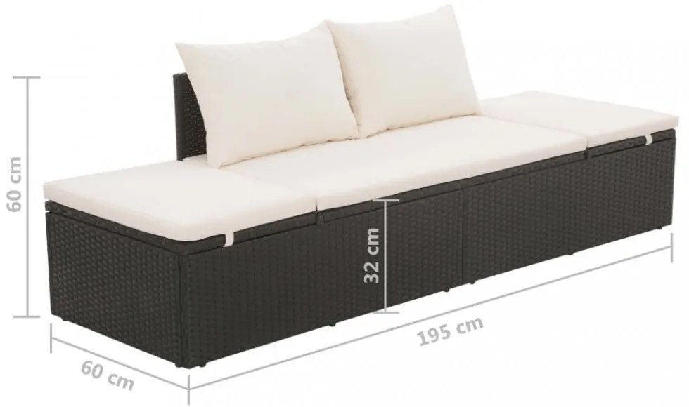 fekete polyrattan kerti ágy 195 x 60 cm