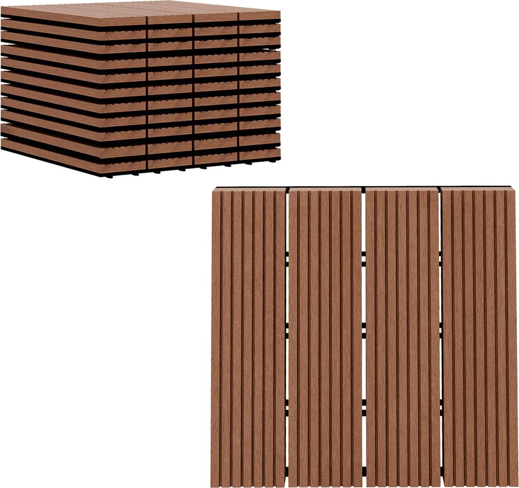 Outsunny 11 darab 30x30 cm-es kültéri csempe 1 m²-es kerthelyiség burkolás csúszásgátló és időjárásálló, könnyű telepítés teraszra, erkélyre Barna | A