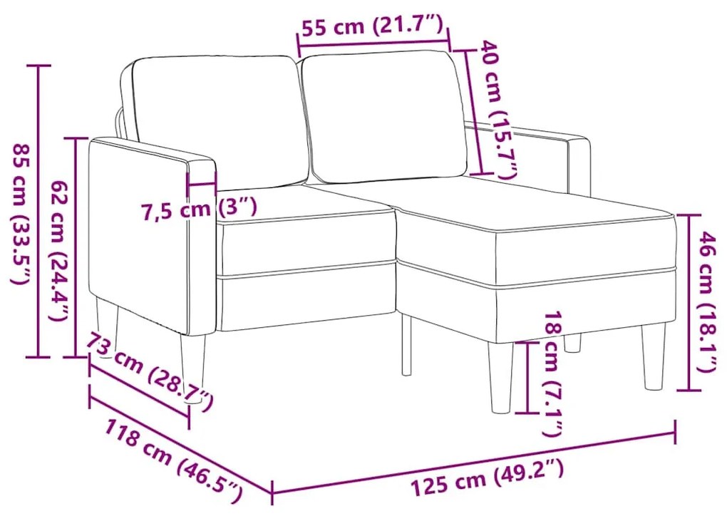 sötétszürke vászon 2 üléses kanapé L-alakú kanapéval 125 cm