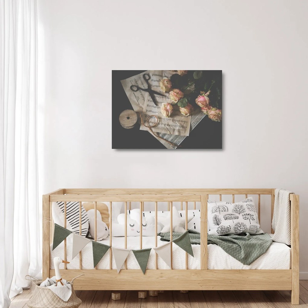 A zenei jegyzetek és a rózsák képe (üvegen) (70x50 cm)