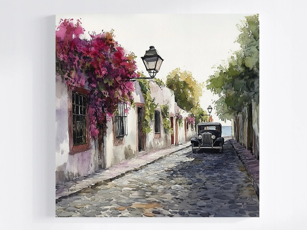 Vászonkép Canvas Város Utca Házak Tenger Autó Virágok 80x80