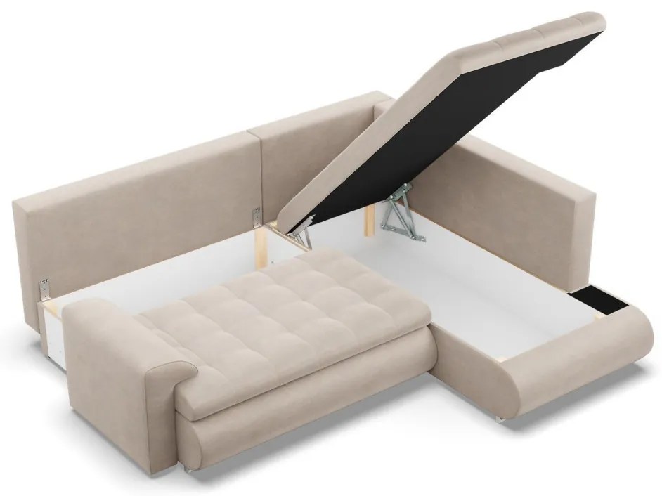 Tokio sarokkanapé, L alakú háttámlával, 2 ágyneműtartóval, bársony, jobboldali, bézs