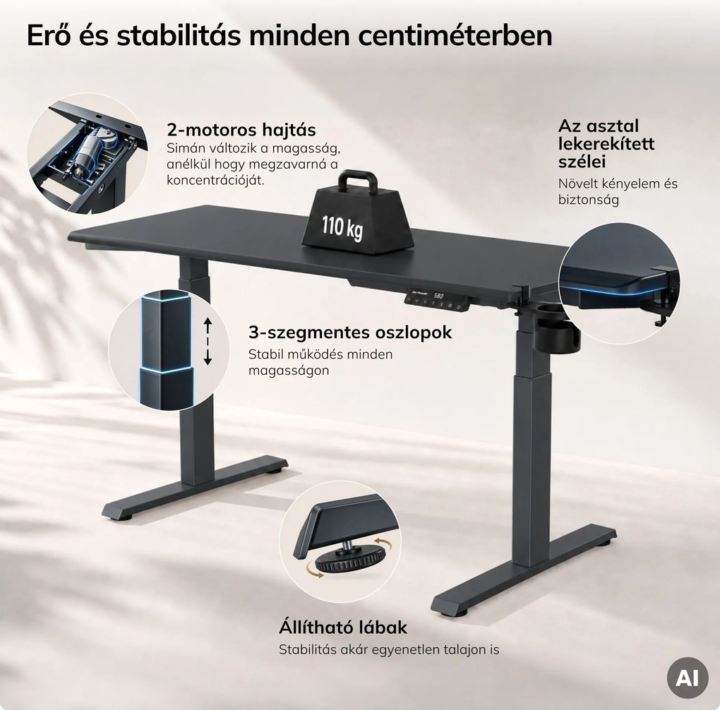 Elektromos íróasztal magasságállítással ergonomikus antracit,1400x700 mm: ARIA