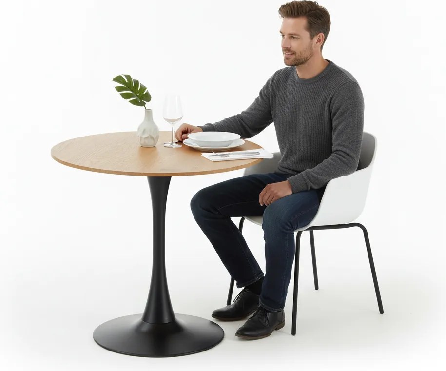 Étkezőasztal, tölgy/fekete, átmérő 80 cm, REVENTON NEW