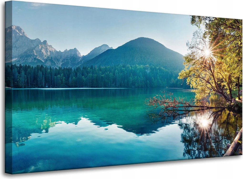 Vászonkép Nap a hegyek felett Tó Víz Nyugalom 100x60 cm