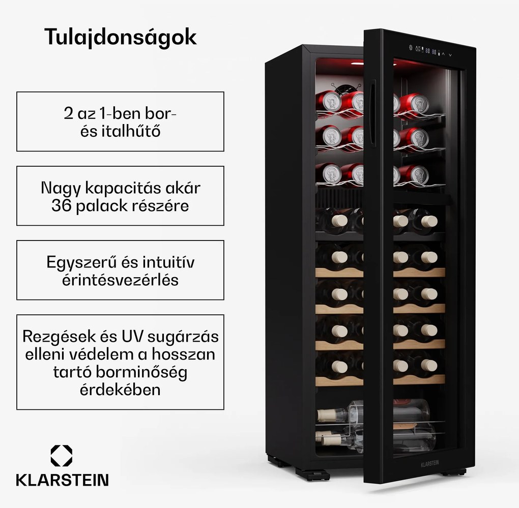 Klarstein Bovella 36 Duo+ borhűtő, 2 az 1-ben, 36 palack, 2 zóna, 7 polc, Érintéses vezérlés