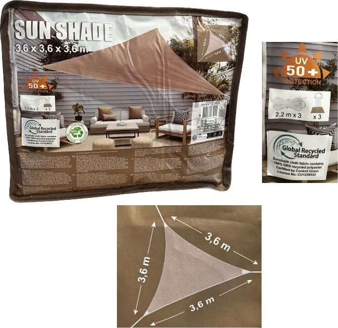 Napellenző kerti vitorla Sun Shade 3,6 x 3,6 x 3,6 m bézs
