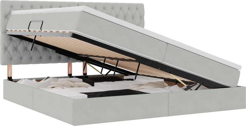 vidaXL Ágy tárolóval és matraccal Világosszürke 200 x 200 cm Bársony