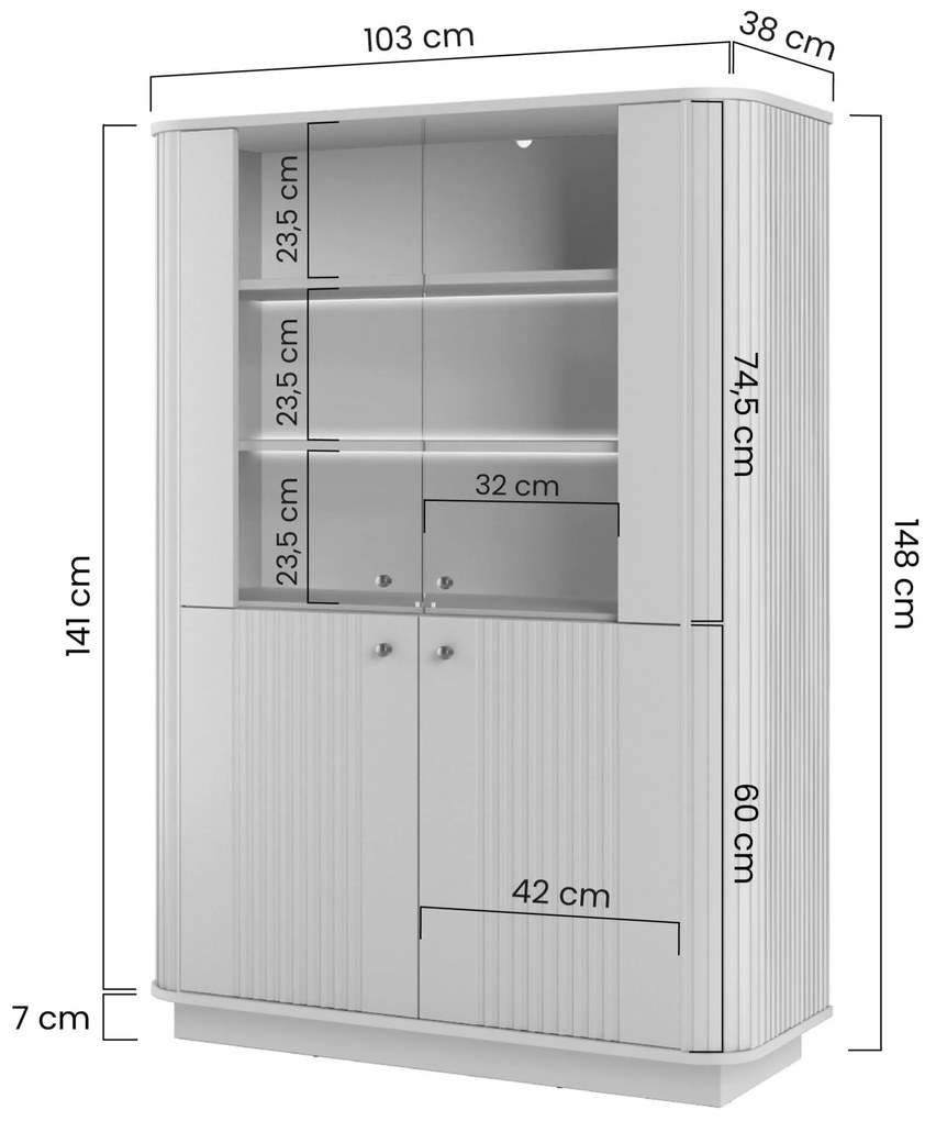 Vesper négyajtós vitrines szekrény 103 cm lábazaton - kasmír / arany fogantyúk