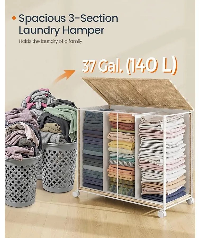 Szennyeskosár  3 rekesszel, 140 literes, levehető béléssel natúr bézs és matt fehér színben