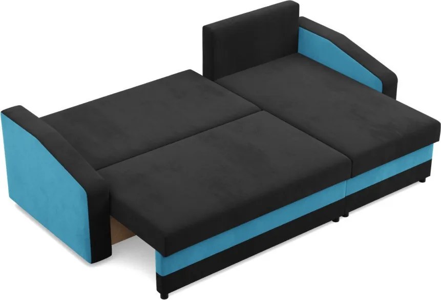 Hewlet sarokkanapé, 2 ágyneműtartóval, szövet anyag, univerzális oldal, bonell töltet, fekete - kék