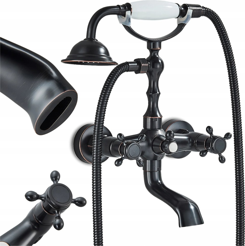 Kádtöltő Csaptelep Zuhanyfejjel Forgatható Kifolyócső Régi stílus Fekete