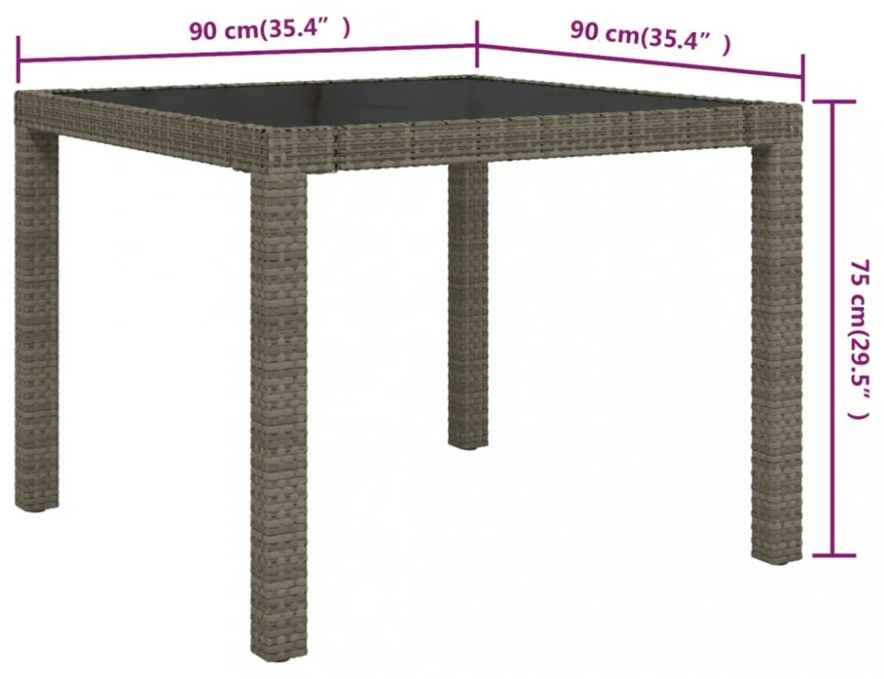 szürke polyrattan és edzett üveg kerti asztal 90 x 90 x 75 cm